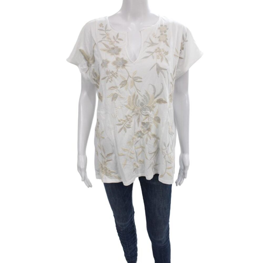 Johnny Was Womens White Floral V Neck Tunic Blouse Short Sleeve Size M